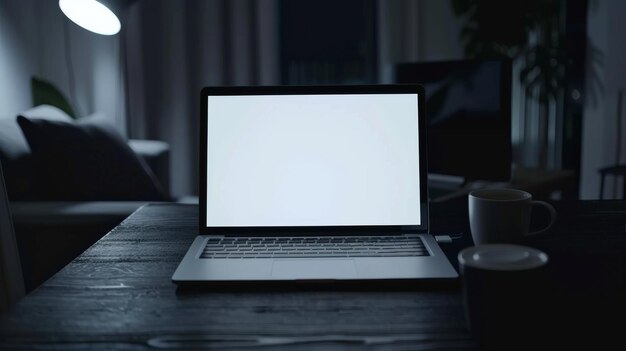 A dimly lit workspace featuring a blank laptop screen and a coffee cup evoking nocturnal productivity and a sense of solitude