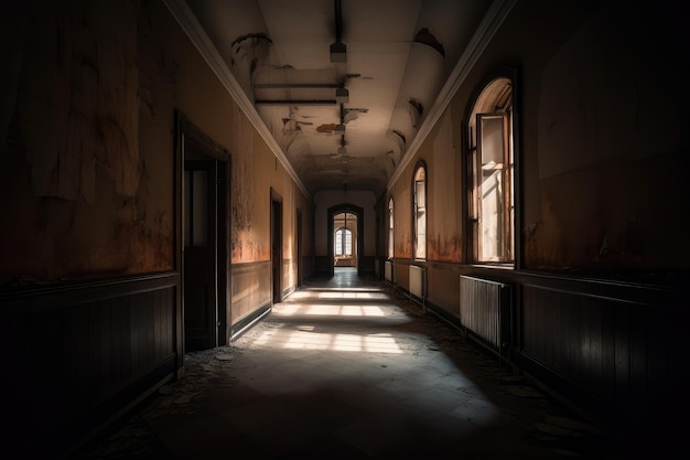 The dimlylit hallways of an abandoned asylum with shadows lurking in the corners created with generative ai