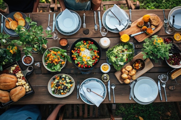 Photo diner meal at table in backyard brunch plate plant