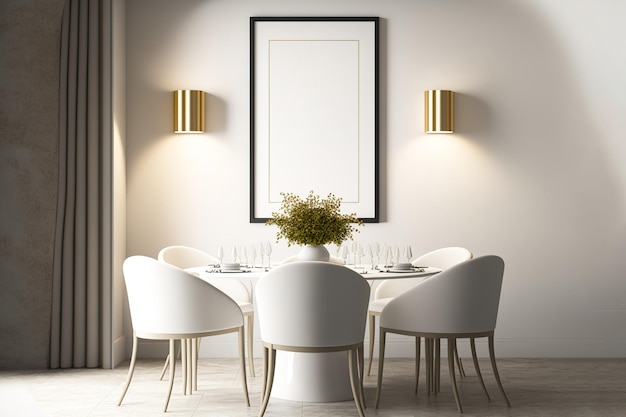 Dining area interior scene and frame mockup White wall tall wall frame table and six chairs two step curving corner wall concealed warm white LED lighting