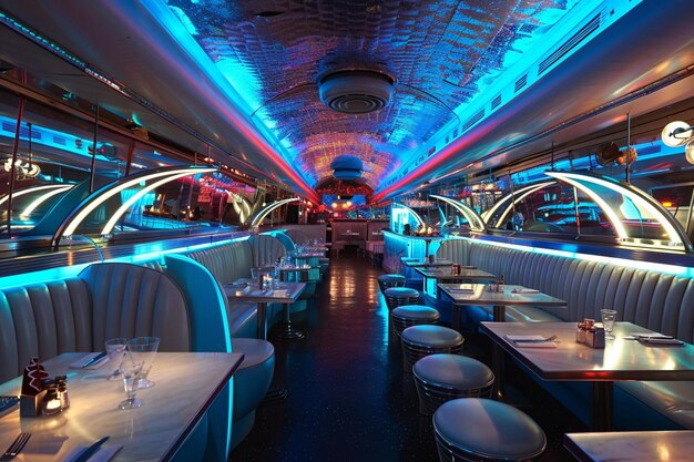 a dining car with a red white and blue light