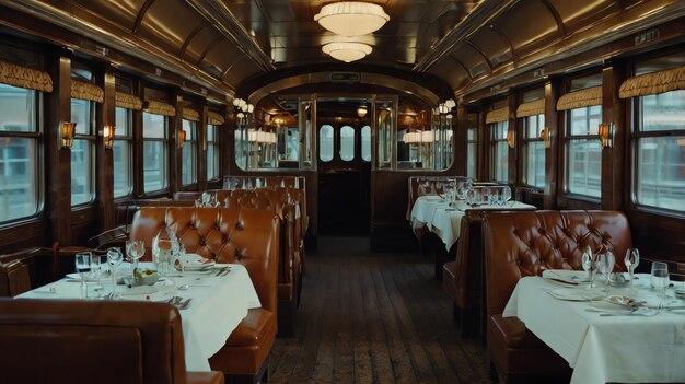 a dining car with a table and chairs with a table cloth on it