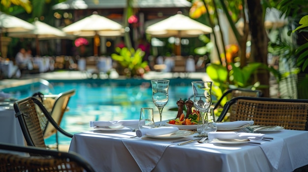 Dining at a poolside restaurant during sunset