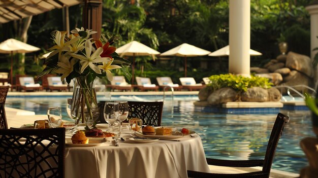 Dining at poolside with gourmet food and sunset view