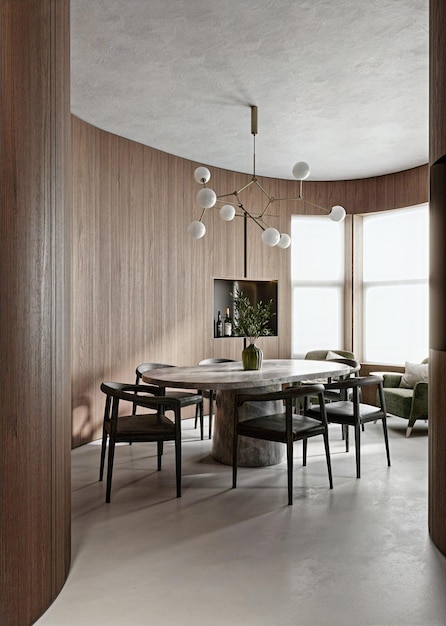 dining room design with marble table and black chairs decorated with a plant and abstract lamp