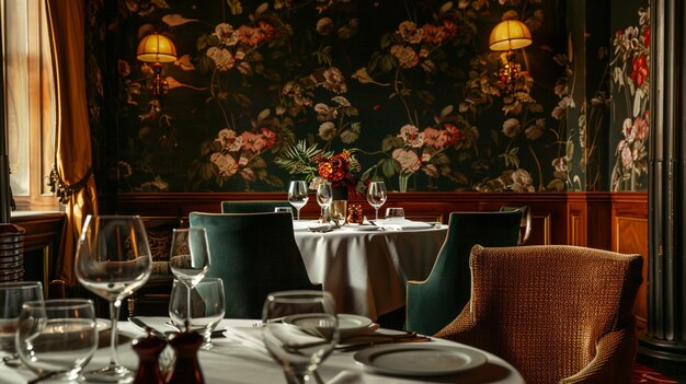 Photo dining room features botanical wallpaper and silk drapes