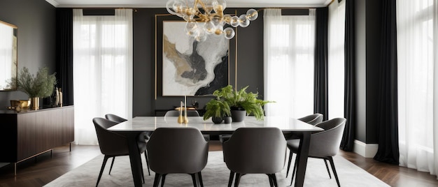 Photo dining room featuring modern furniture stylish lighting and chic decor