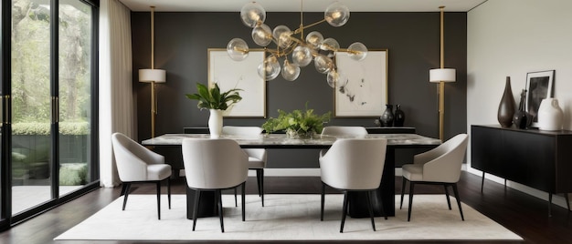 dining room featuring modern furniture stylish lighting and chic decor