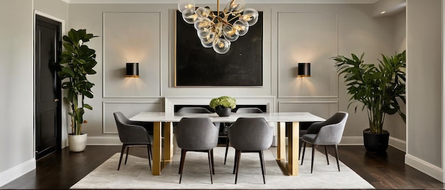 dining room featuring modern furniture stylish lighting and chic decor