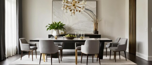 Photo dining room featuring modern furniture stylish lighting and chic decor