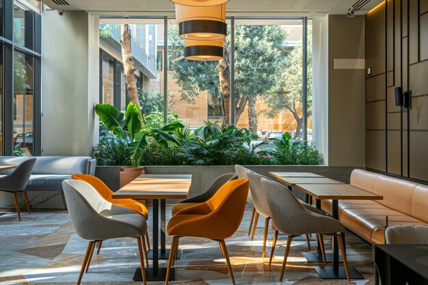 Photo a dining room featuring a table and chairs a quiet corner in a cafeteria with comfortable seating and a view of the courtyard