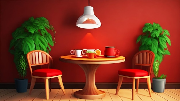 dining room interior with round brown wooden table