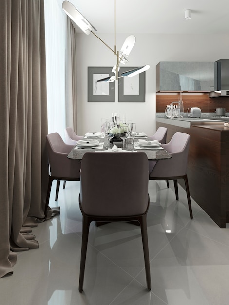 Dining room in modern design in white interior.