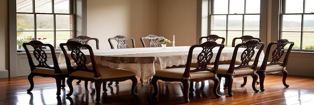 Photo a dining room table with chairs and a tablecloth