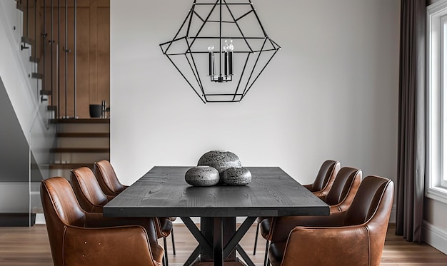 a dining room table with a chandelier hanging from the ceiling