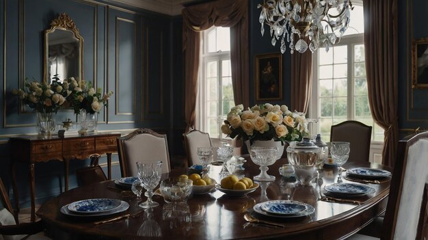 a dining room table with a vase of flowers and a picture of a vase with flowers in it