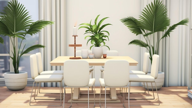 Dining room table with white chairs and potted plant