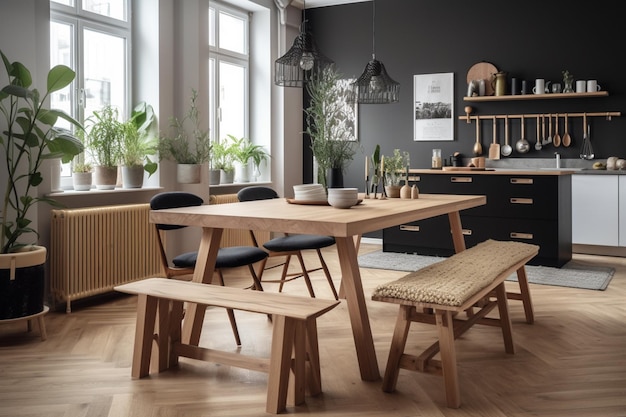 A dining room with a bench and a kitchen island with a table and chairs.