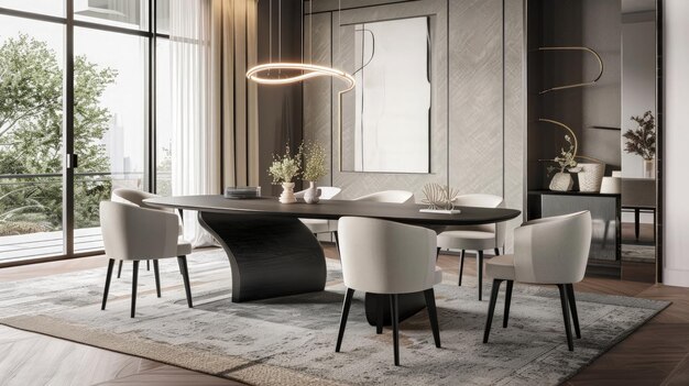 a dining room with black steel table soft tone curved back chairs swirling light generative ai