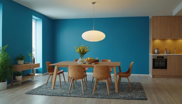 Photo a dining room with a blue wall and a table with chairs and a vase of flowers