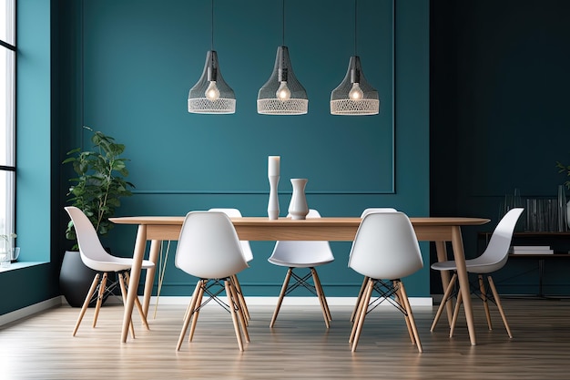 A dining room with a blue wall and a wooden table with white chairs