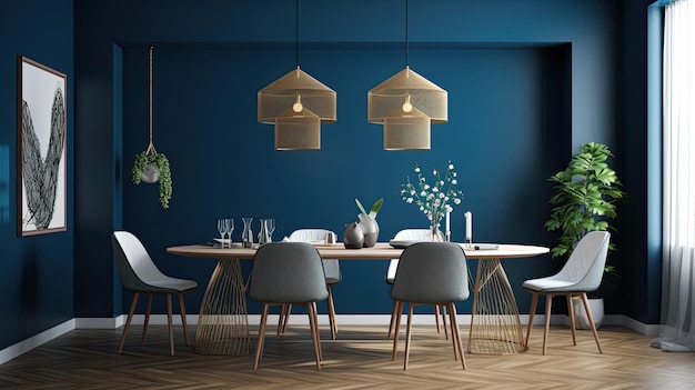 A dining room with blue walls and a blue wall with a plant hanging above it.