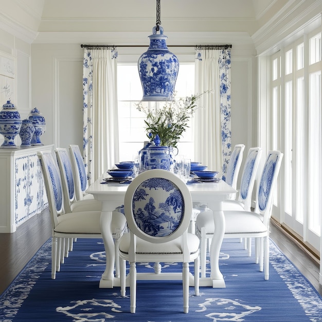 a dining room with a blue and white table and chairs with a blue and white tablecloth