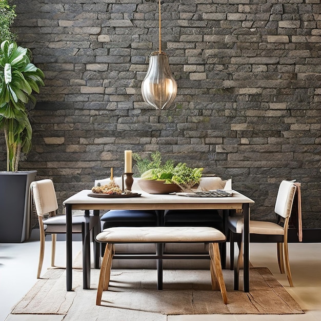 A dining room with a brick wall and a table with chairs and a lamp