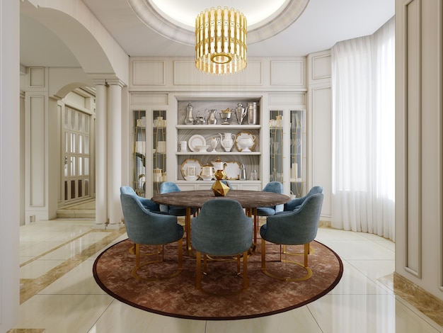 Dining room with brown round table and blue upholstered chairs and shelves with kitchen decor and brown carpet 3D rendering