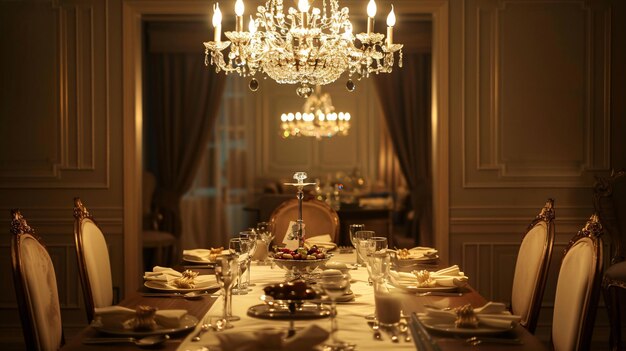 a dining room with a chandelier and a chandelier hanging from the ceiling