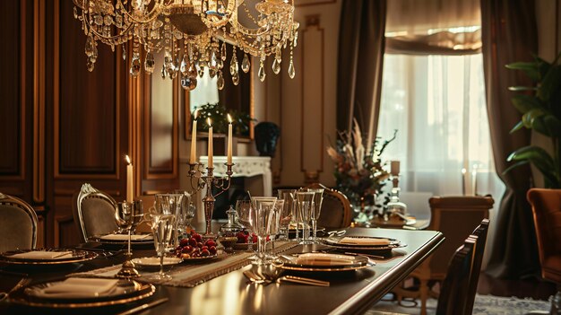 a dining room with a chandelier and a chandelier hanging from the ceiling