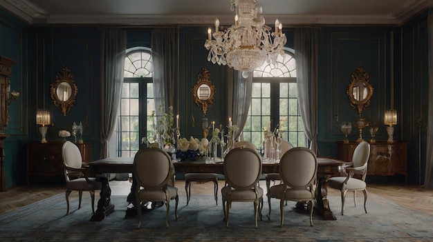 a dining room with a chandelier and a chandelier hanging from the ceiling