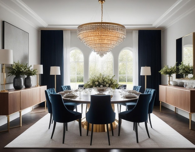 Photo a dining room with a chandelier and a chandelier