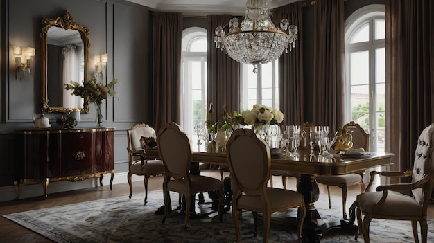 a dining room with a chandelier hanging from the ceiling