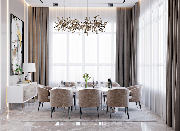 Photo a dining room with a chandelier hanging from the ceiling.