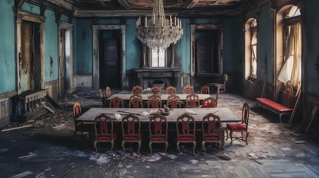 A dining room with a chandelier hanging from the ceiling.