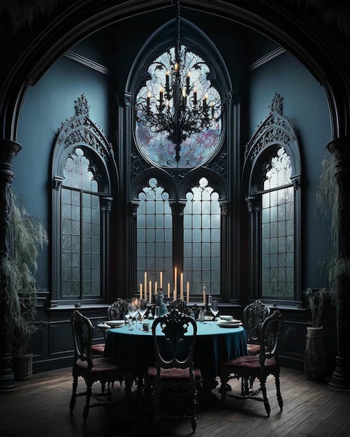 A dining room with a chandelier and a table with a blue tablecloth.