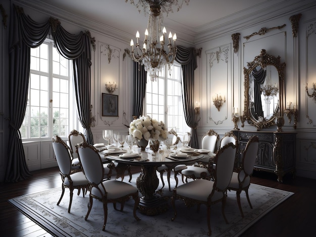 A dining room with a chandelier and a table with chairs and flowers.