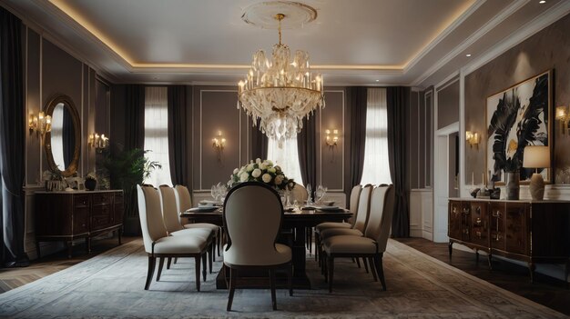 a dining room with a chandelier