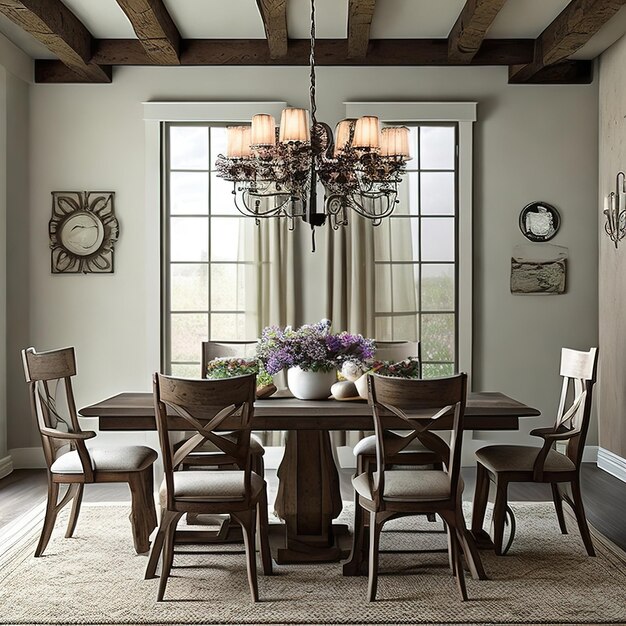 A dining room with a chandelier