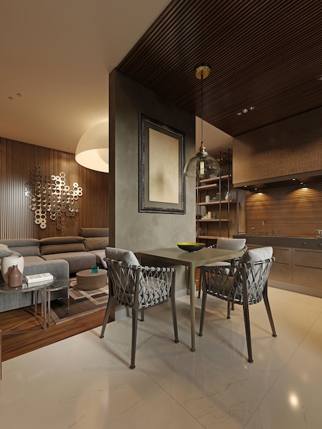 Dining room with contemporary style kitchen in dark brown studio apartments