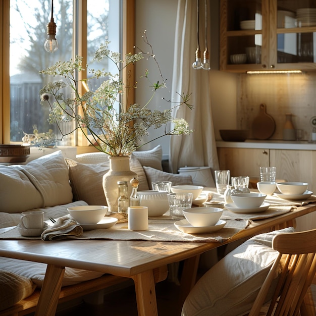 Photo a dining room with a couch table and chairs and a window with a view of the outside