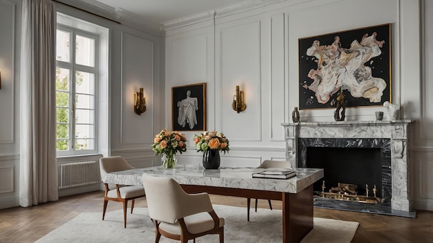 Photo a dining room with a fireplace and a statue on the wall