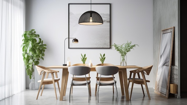 A dining room with a large black lamp hanging above a wooden table.