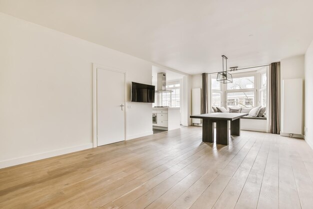 Dining room with a large black table