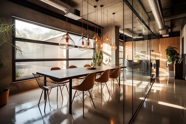 A dining room with a large glass wall and a large table with chairs and a large window that says'the house is for sale '