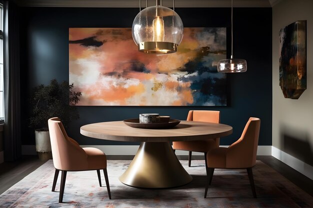 A dining room with a large painting on the wall that says'the best dining room '