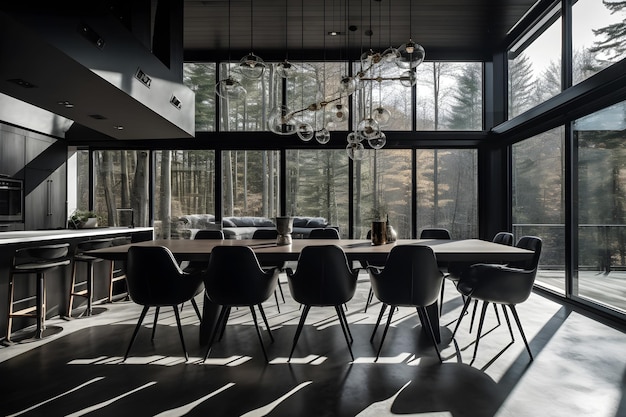 A dining room with a large table and chairs and a large window that has a view of the forest.