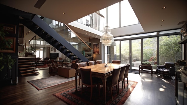 A dining room with a large table and chairs and a large window with a view of the outside.