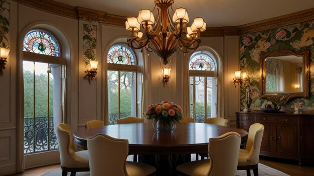 a dining room with a large table and chairs with a vase of flowers on it